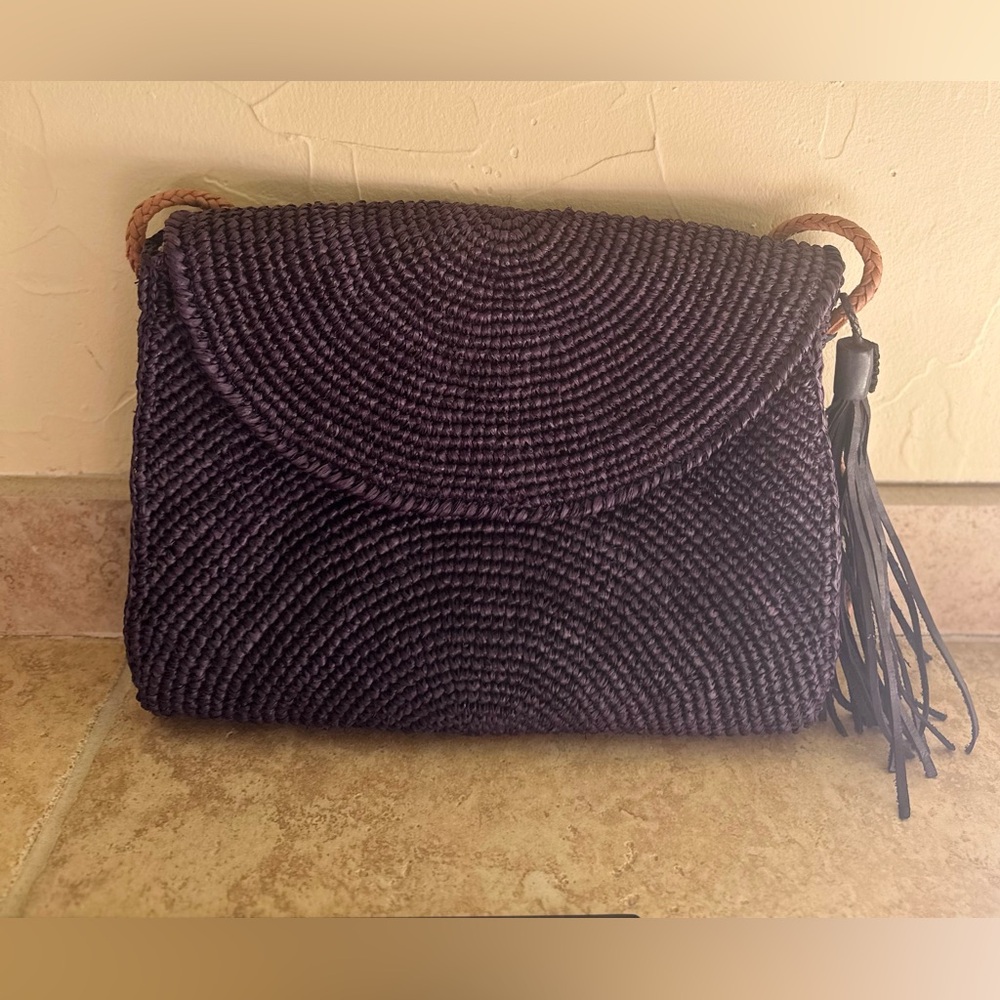 Navy blue and tan hand woven mini purse
